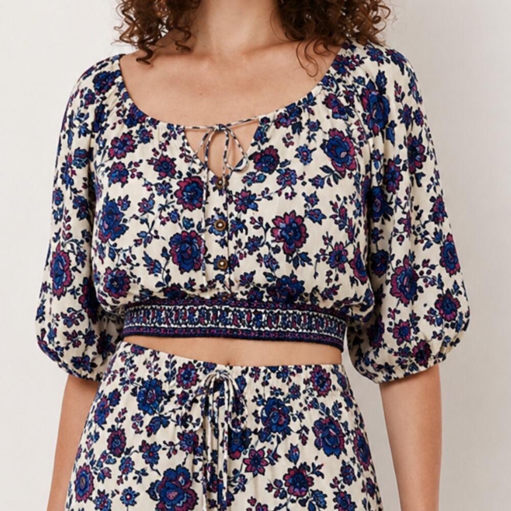 Joie Half Puff Sleeve Floral Cropped Blouse Blue Size Small